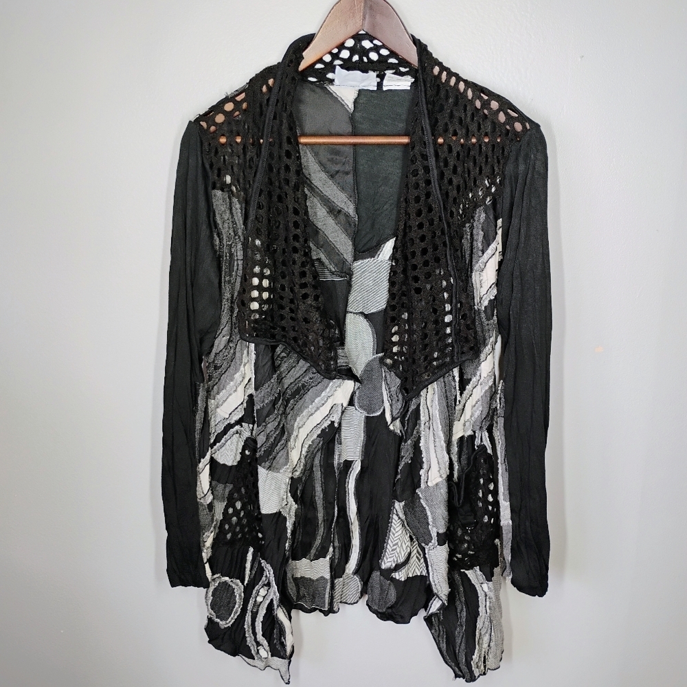 Vintage Patchington Mixed Media Open Front Cardigan Women Medium Artsy Lagenlook